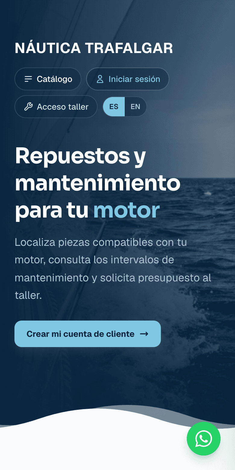 La web real de Náutica Trafalgar vista en un móvil